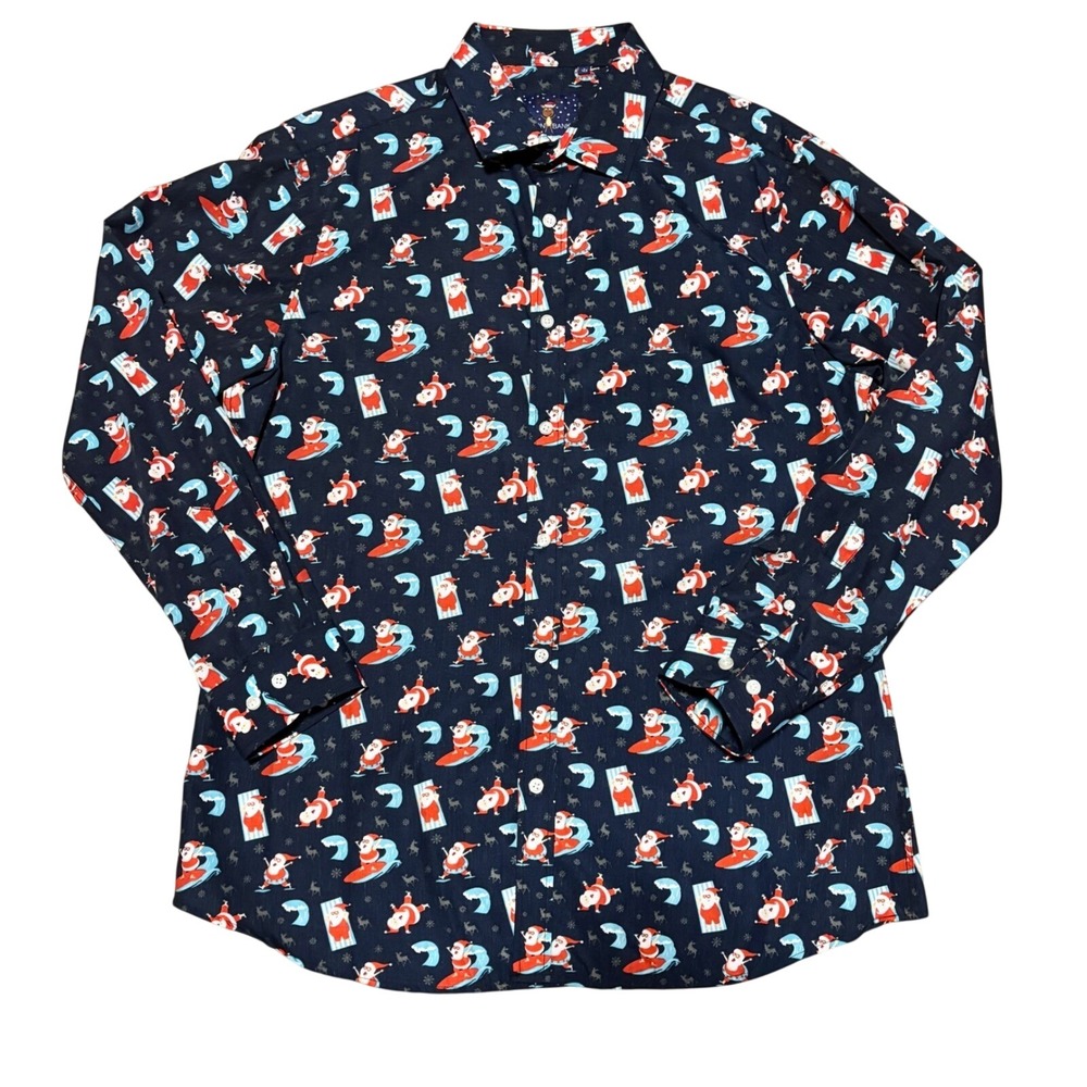 Surfing Santa Hawaiian Christmas Aloha Dress Button Shirt Men's L 16.5 Beach